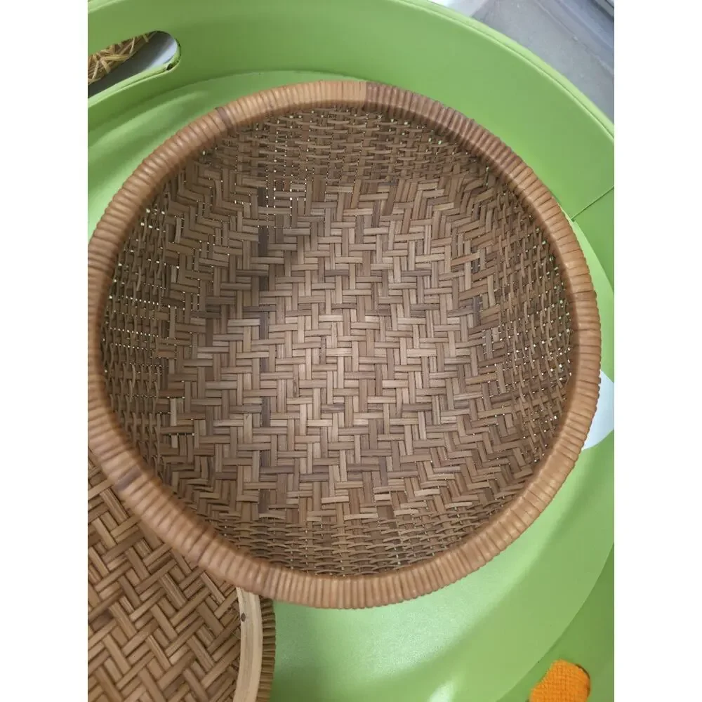 Vintage Handwoven Bamboo Basket with Lid Round Wicker Storage Container